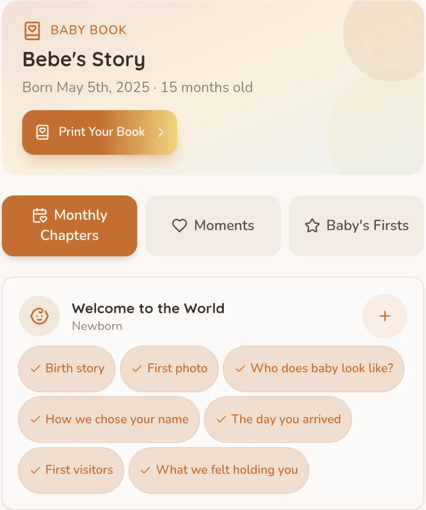 BabyBaby book chapter with prompts for a birth story, first photo and baby's first days