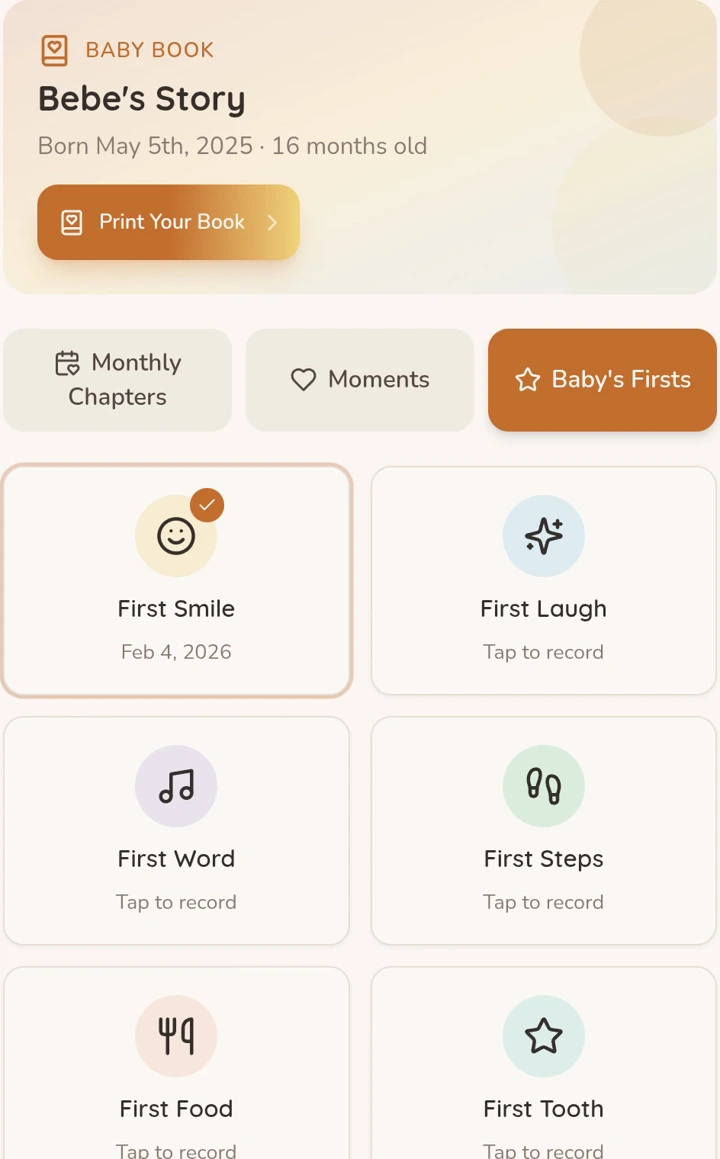 First smile, first laugh, first word and other milestones in the BabyBaby app