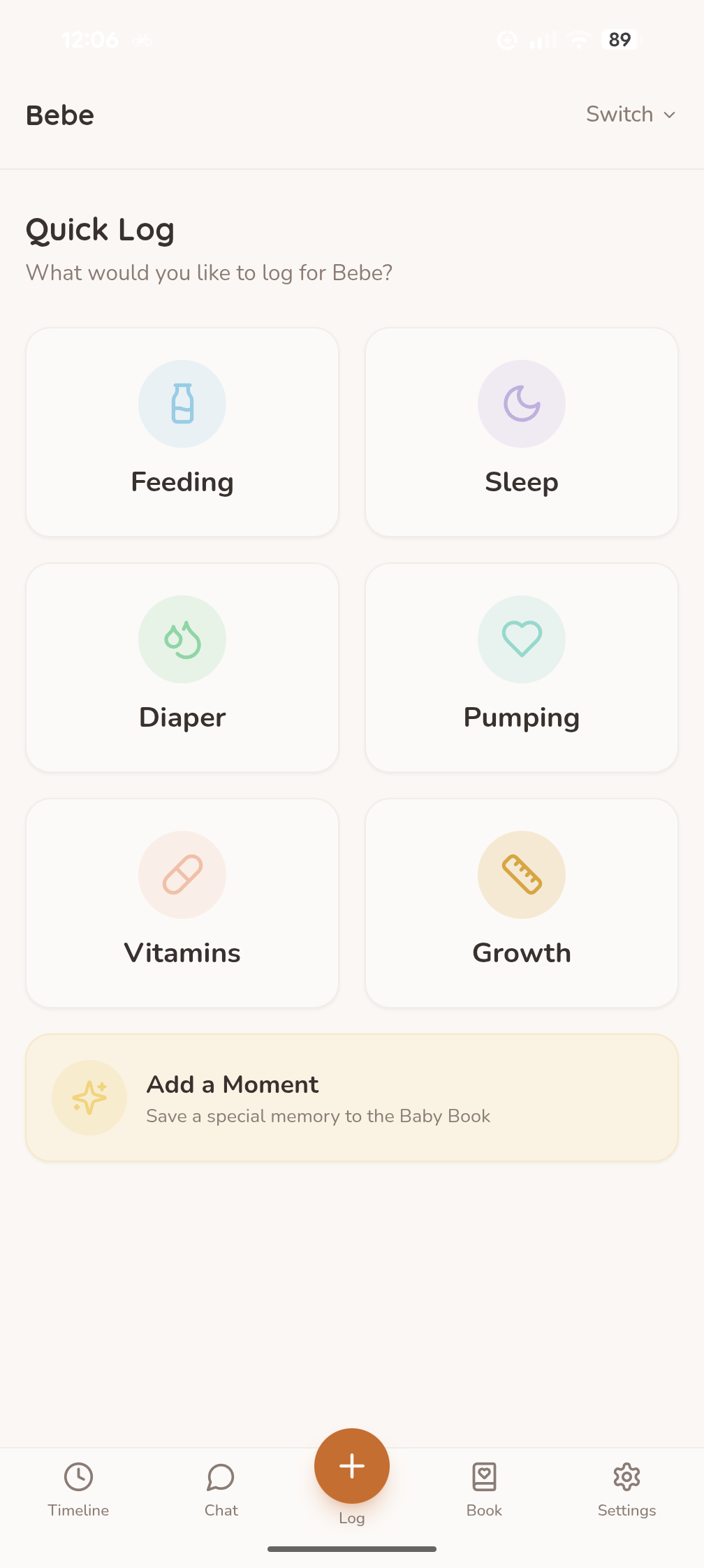 BabyBaby Quick Log screen. Feeding and Sleep appear in the top row, with Diaper below and the Log plus button at the bottom.